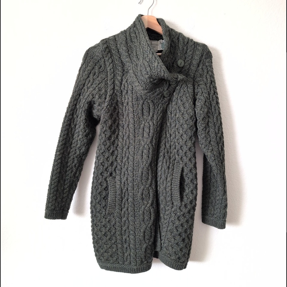 Aran Sweater Market Green Merino‎ Wool Cable Knit Long Cardigan Irish Ireland XS